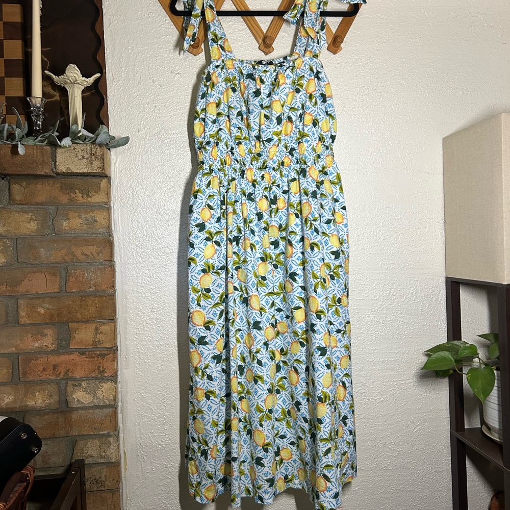 Lands' End Lemon-Print White and Yellow Maxi Dress with Tie Straps